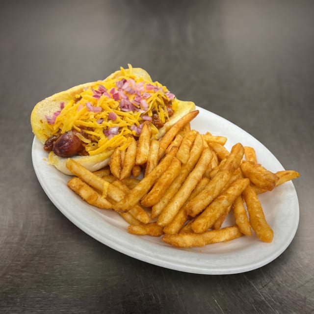 Chili cheese hot dog.